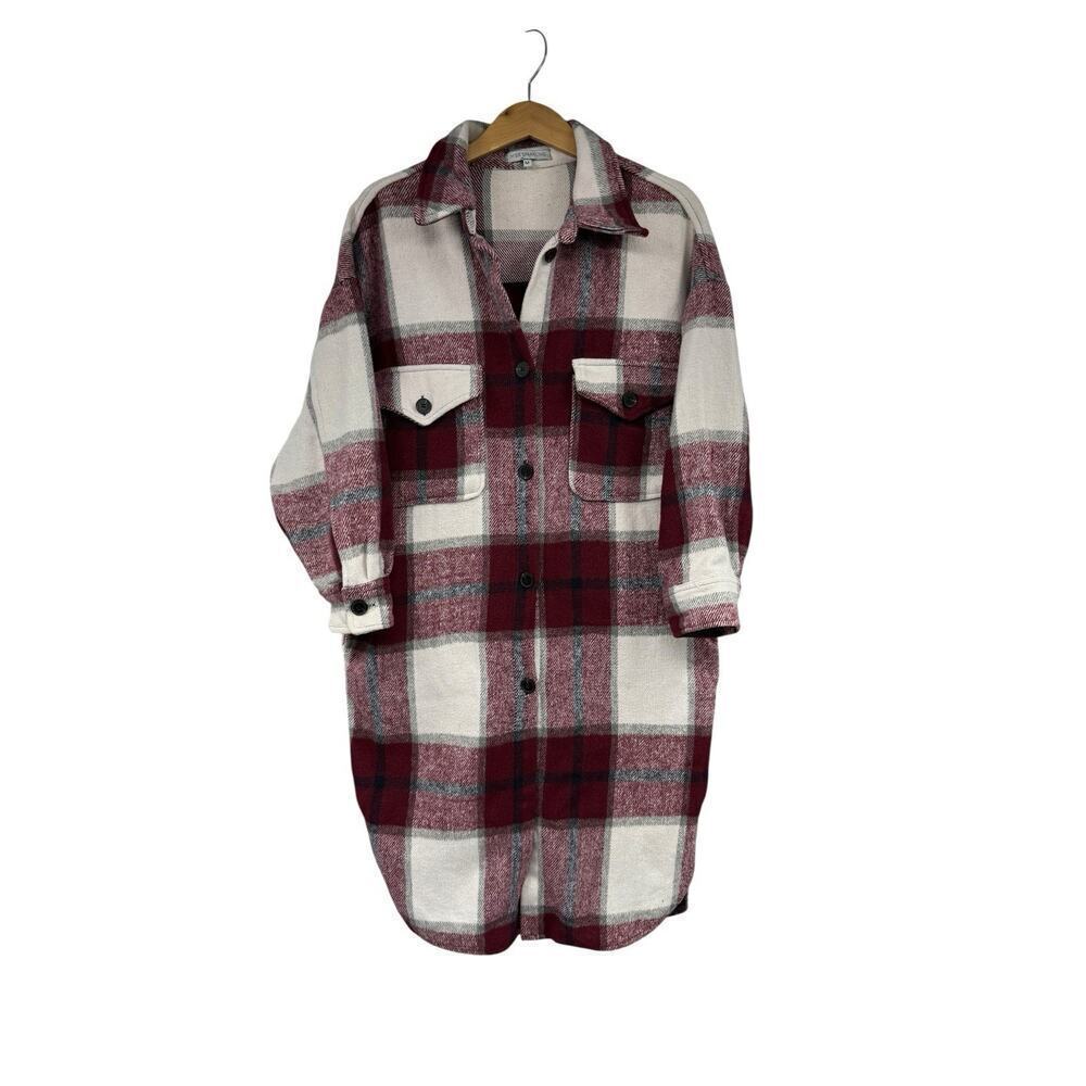 Miss Sparkling Boutique Red Burgundy Plaid Jacket Shacket Longline Womens M